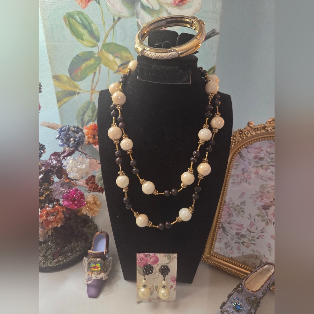 Gold and Cream Ceramic Beaded Necklace Set